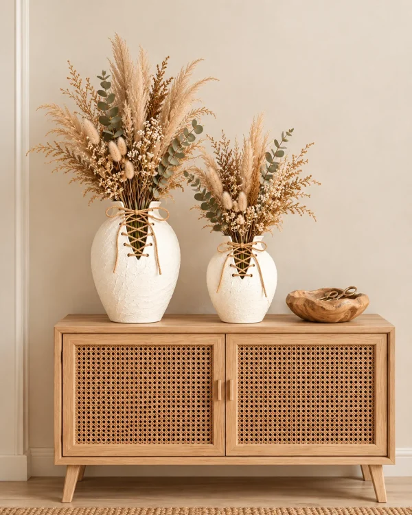 (White Ceramic Vase with Crisscross Jute Lacing Detail (Two sizes