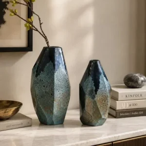 Ocean Blue & Rock Textured Faceted Glass Vase (Two Sizes)