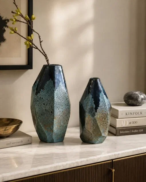 Ocean Blue & Rock Textured Faceted Glass Vase (Two Sizes)