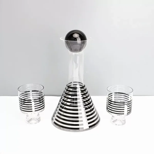 Black Striped Clear Glass Pitcher & Two Glasses Set