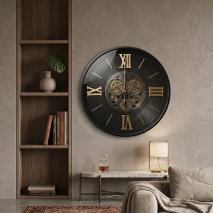 Black Metal Wall Clock with Exposed Gears & Roman Numerals