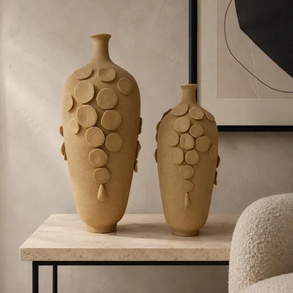Brown Ceramic Vase with Raised Circular Leaf Accents (Two Sizes)