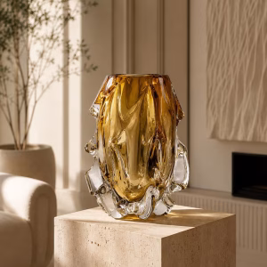 Amber Yellow Sculpted Crystal Glass Vase with Heavy Base