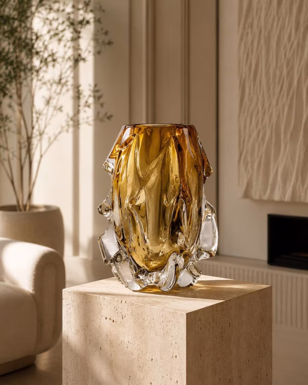 Amber Yellow Sculpted Crystal Glass Vase with Heavy Base