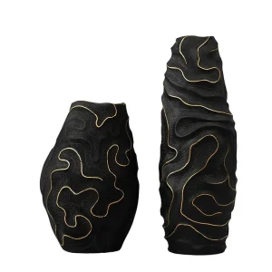 (Black Ceramic Vase with Carved Waves & Gold Lines (Two sizes