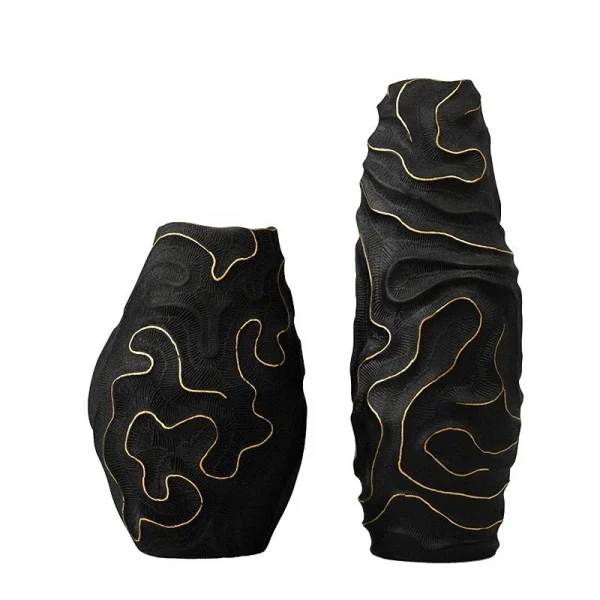 (Black Ceramic Vase with Carved Waves & Gold Lines (Two sizes
