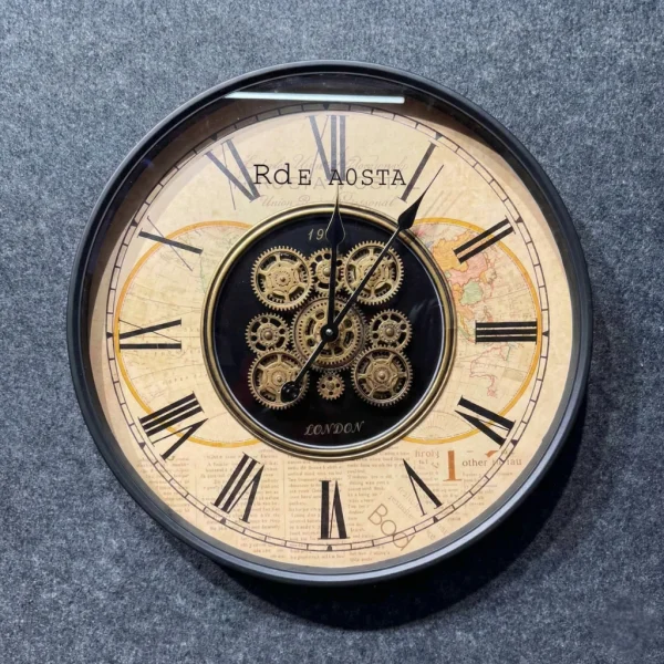 Vintage-Style Gear Wall Clock with Antique Map Background