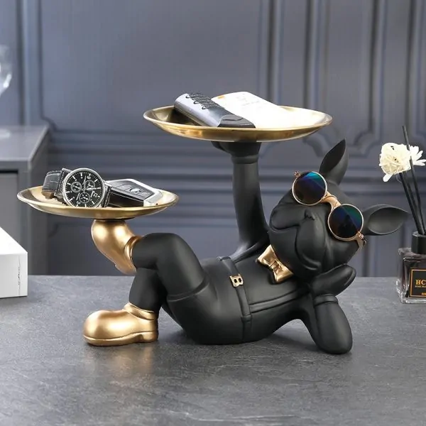 French Bulldog Resin Statues with Golden Trays