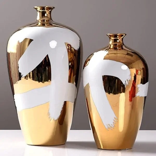 Gold and White Ceramic Vase with Modern Design