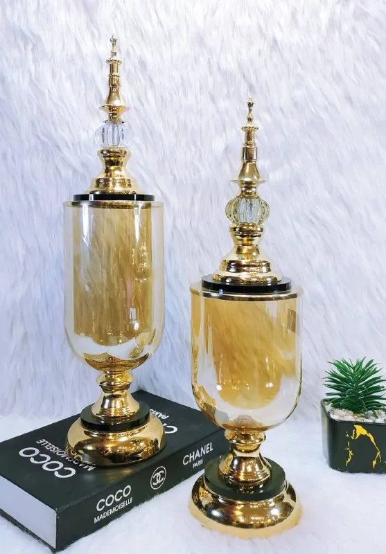 Glass Copper Vase with Lid (Potish) with Gold Metal Base and Chic Black