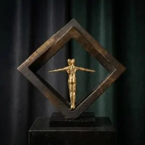 Abstract Sculptural Statue of Two Figures in Geometric Frame