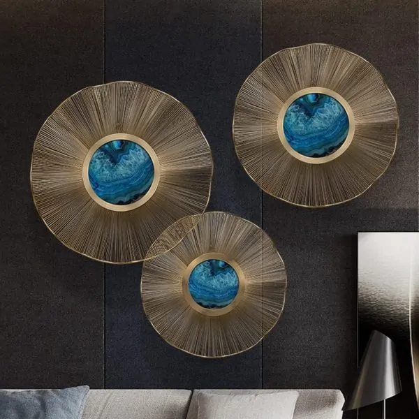 3-Piece Metal Sunburst Wall Decor Set with Blue Accents