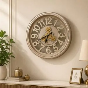Copper Plastic Wall Clock with Exposed Gold Gears