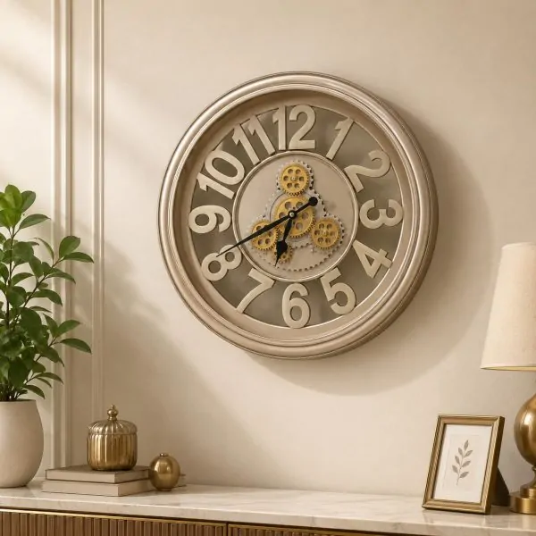 Copper Plastic Wall Clock with Exposed Gold Gears