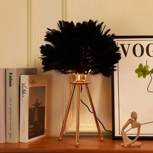 Golden Metal Table Lamp with Black Feathers