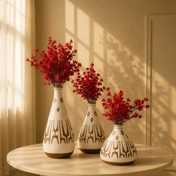 Beige Ceramic Vase with Geometric Patterns (Three Sizes)