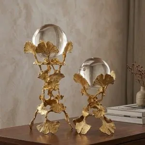 Gold Ginkgo Leaf & Crystal Ball Decor Set (Two Pieces)