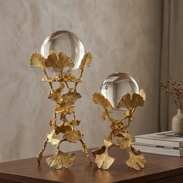 Gold Ginkgo Leaf & Crystal Ball Decor Set (Two Pieces)