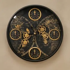 Black World Map & Gear Wall Clock with Multi-Time Zone Dials