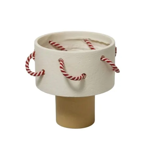 White Cylindrical Resin Vase with Beige Pedestal & Rope Accent